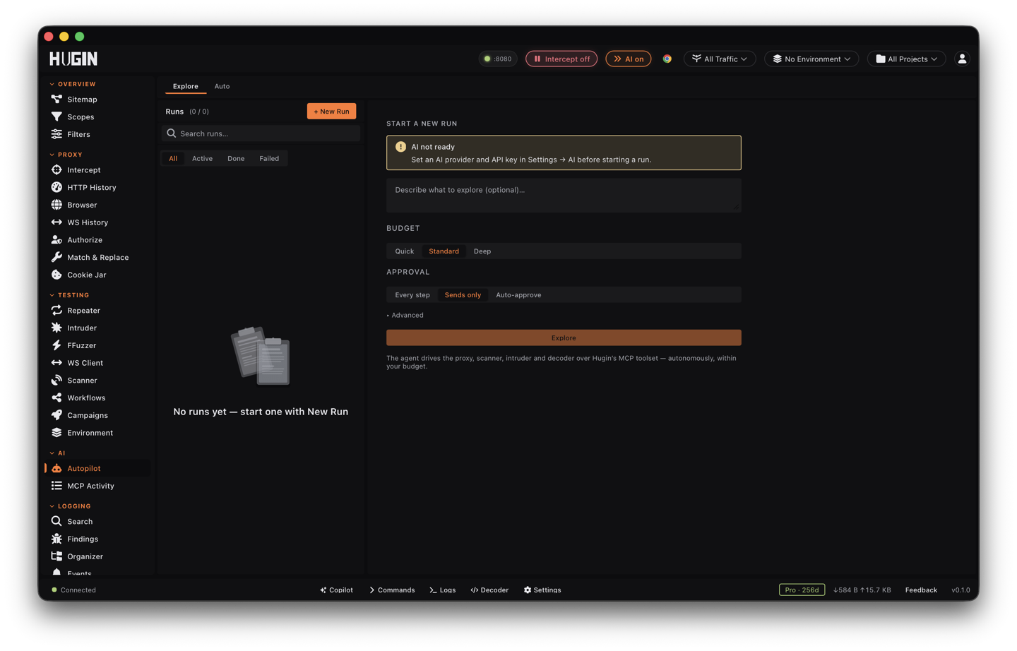 Hugin's Autopilot showing an autonomous run's step log and the approval flow