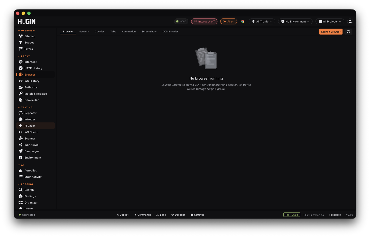 A browser driven by Hugin, with its traffic captured in History