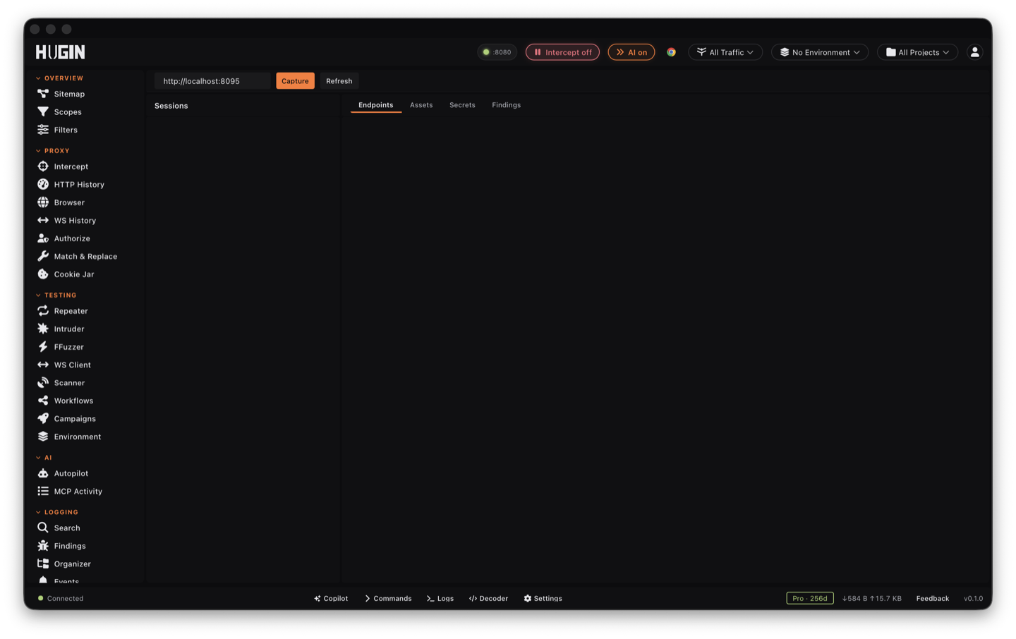 The Bundle Engine view: captured JS assets, mined endpoints, and DOM-XSS flows