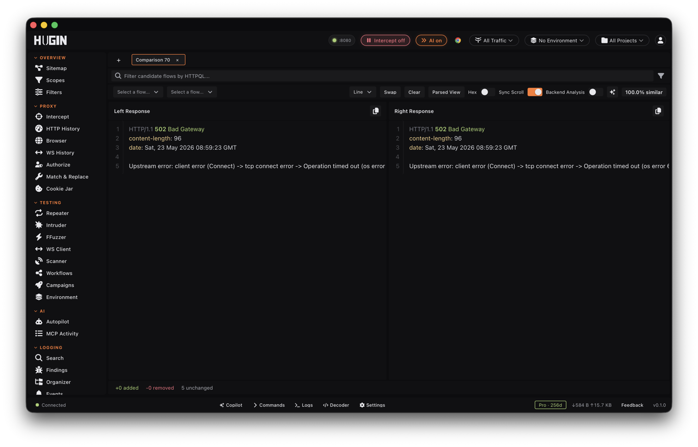The Comparer view diffing two responses side by side