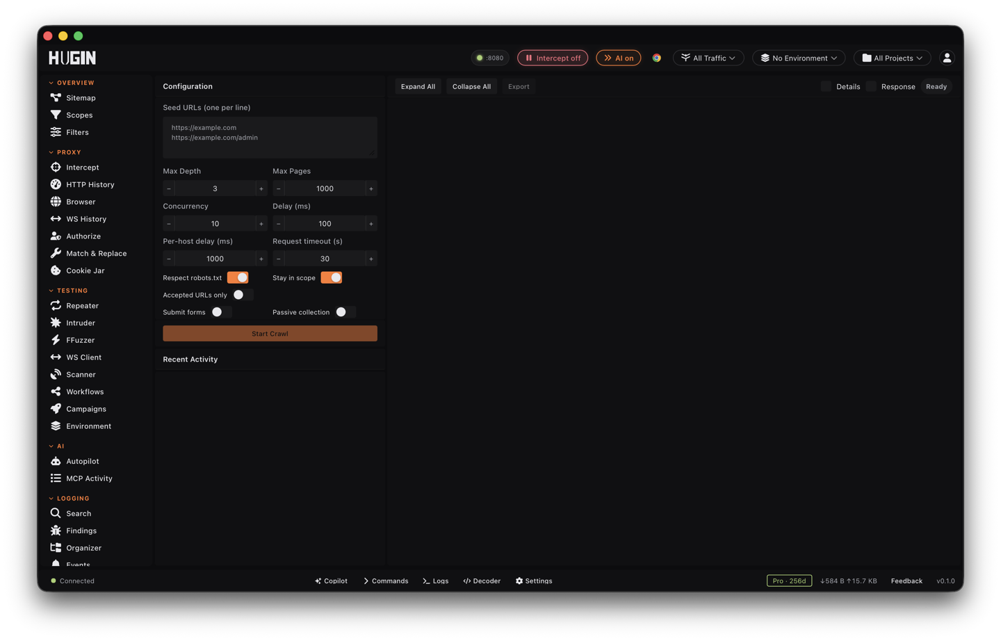 The Crawler view configured against a target