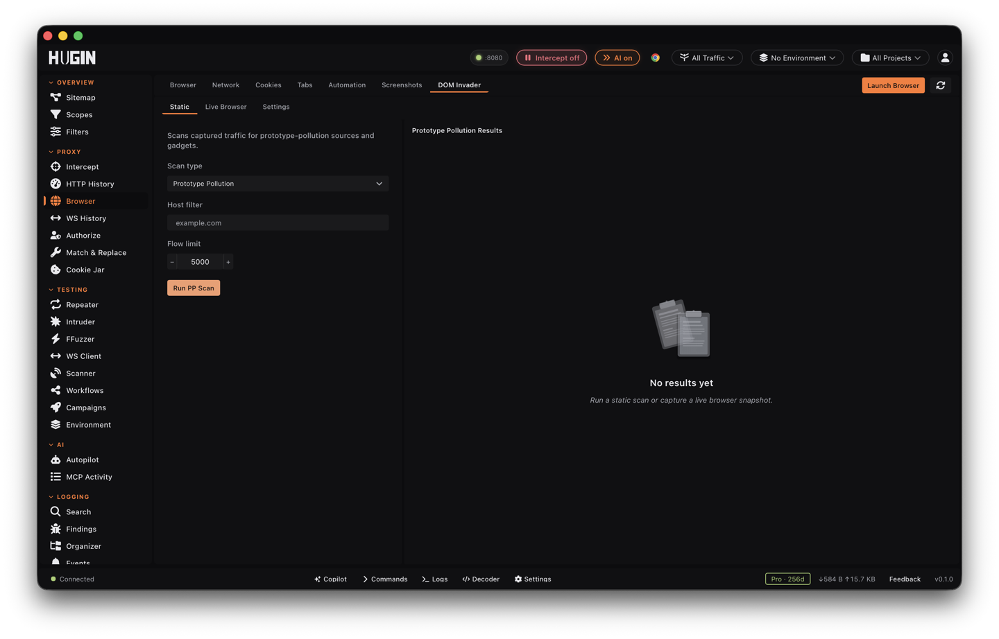 The DOM Invader tab with a prototype pollution scan result