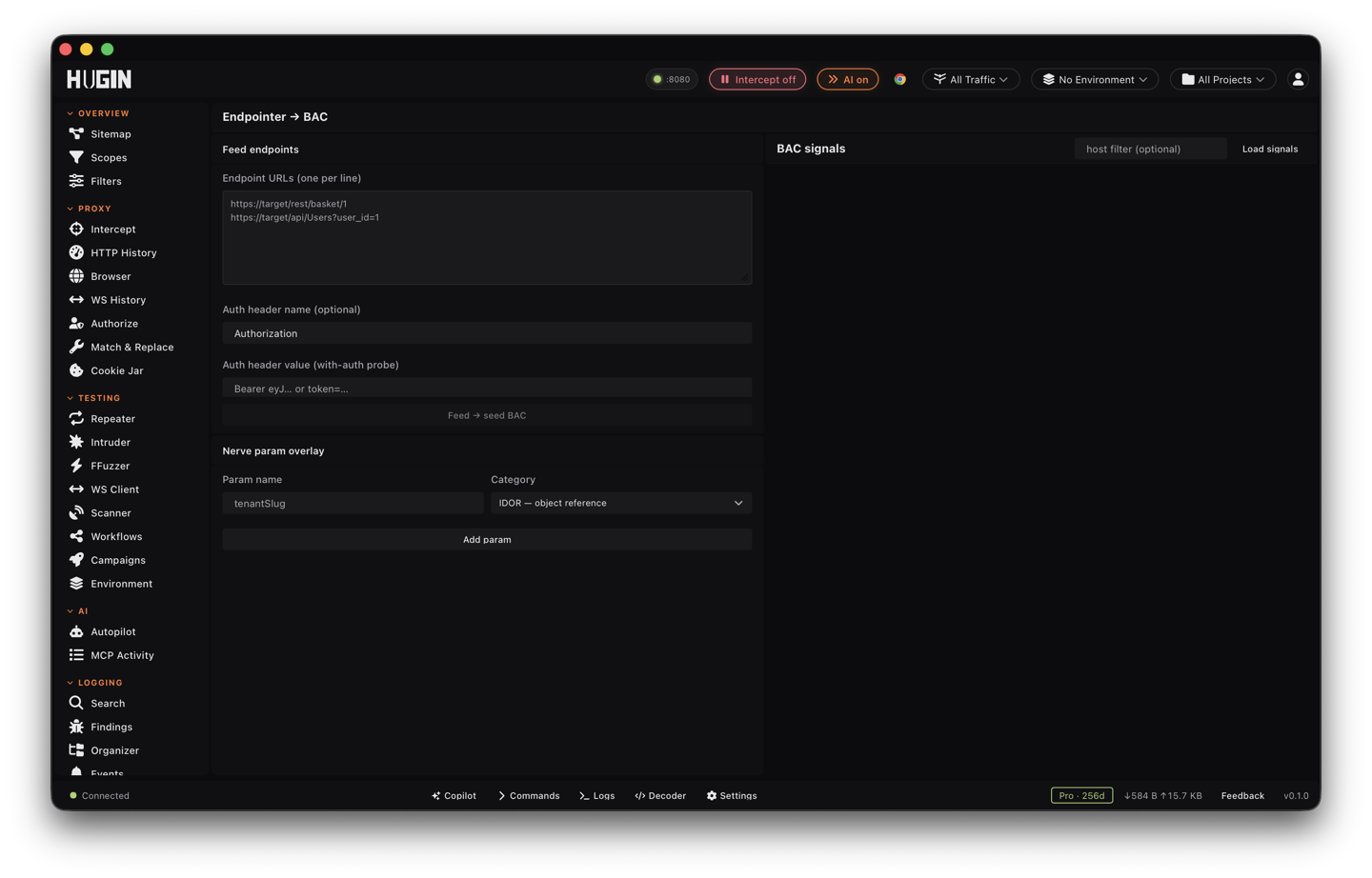 The Endpointer view feeding endpoints and listing the BAC signals it raised