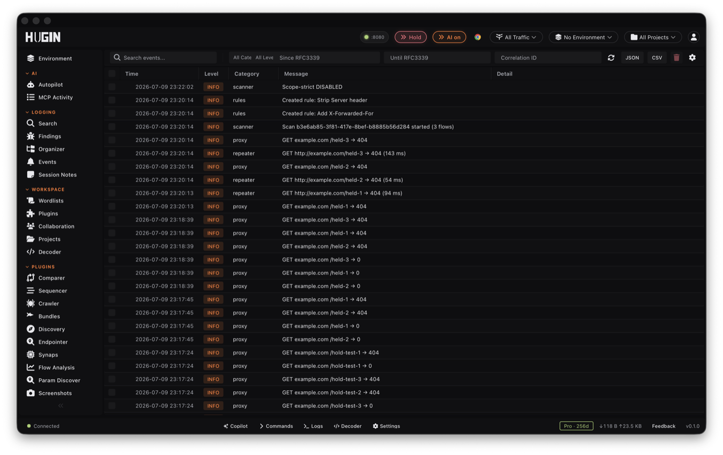 The Events activity log streaming entries by level and category