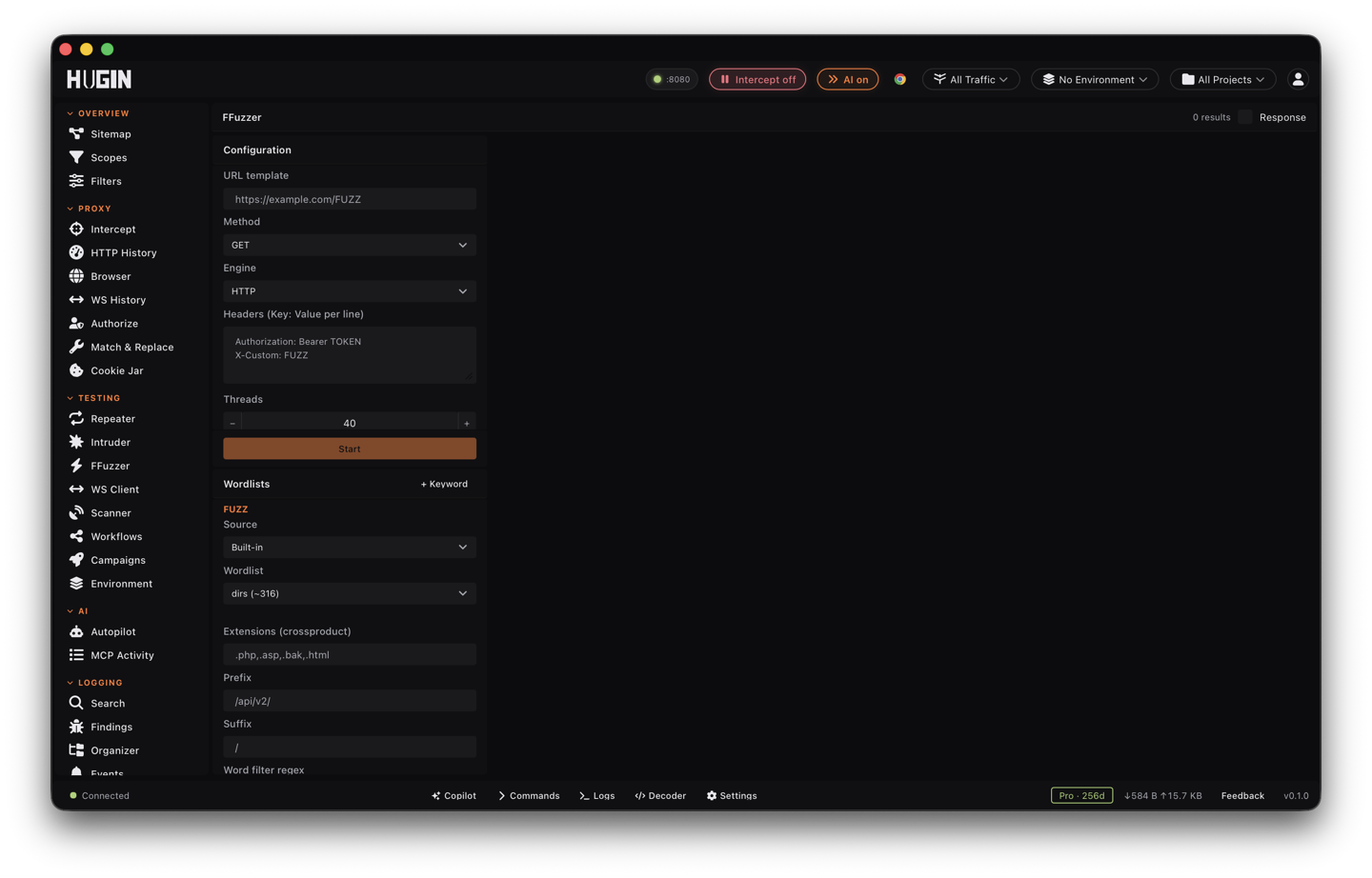 The FFuzzer view with a FUZZ keyword and a results table