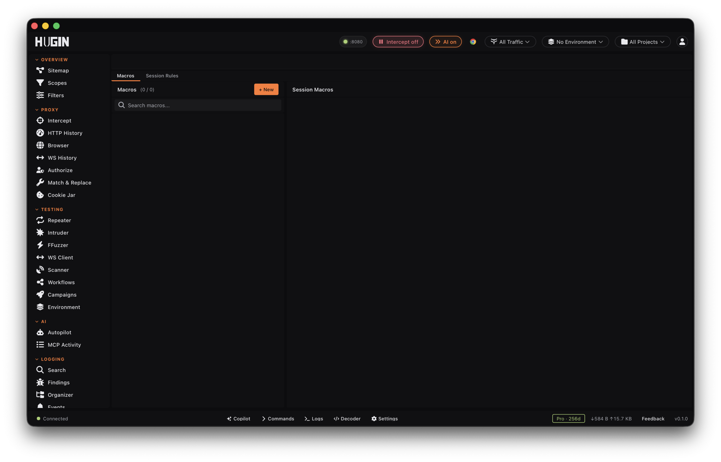 The Macros view with a multi-step login macro and its token extractions