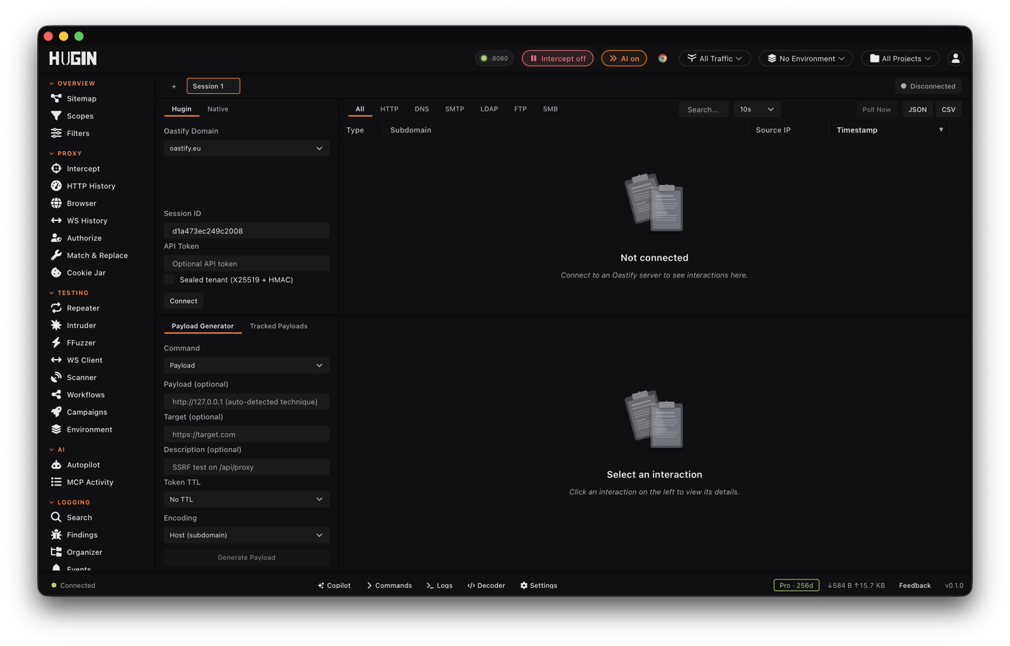 The Oastify view listing out-of-band interactions by protocol