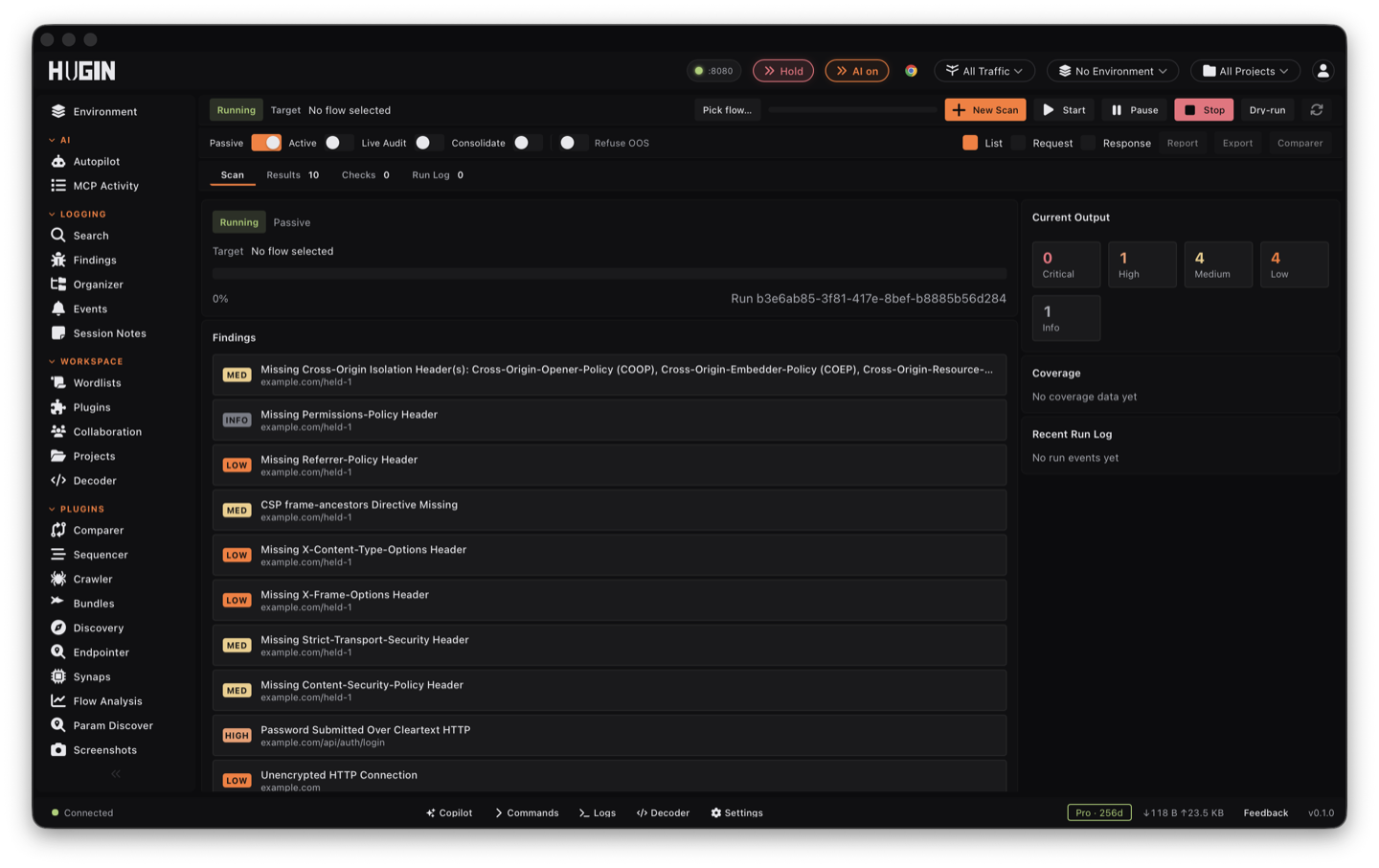 The Scanner view with a running scan and its findings