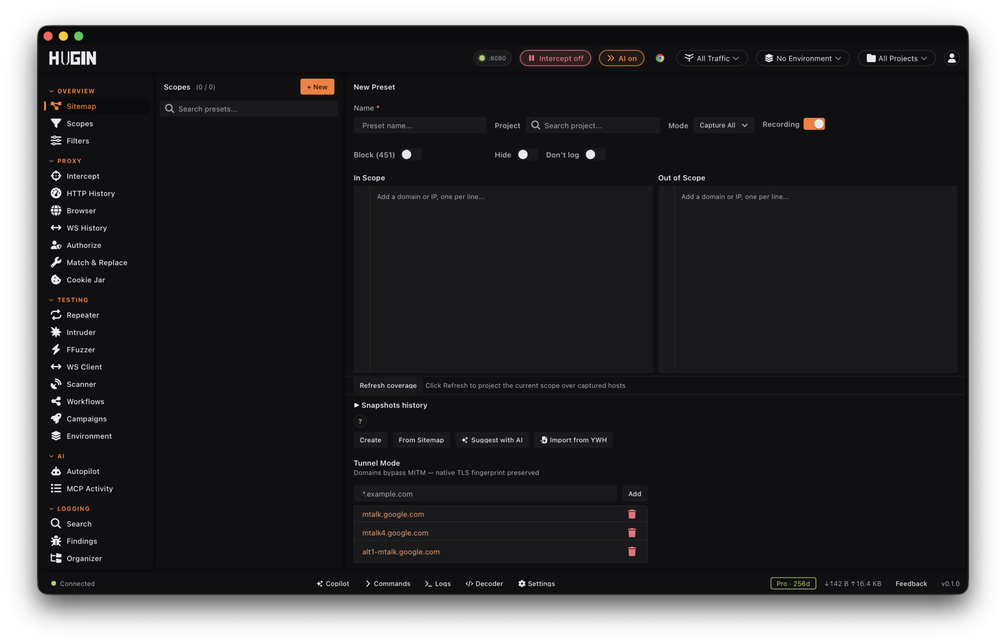 The Scopes view with include and exclude pattern lists
