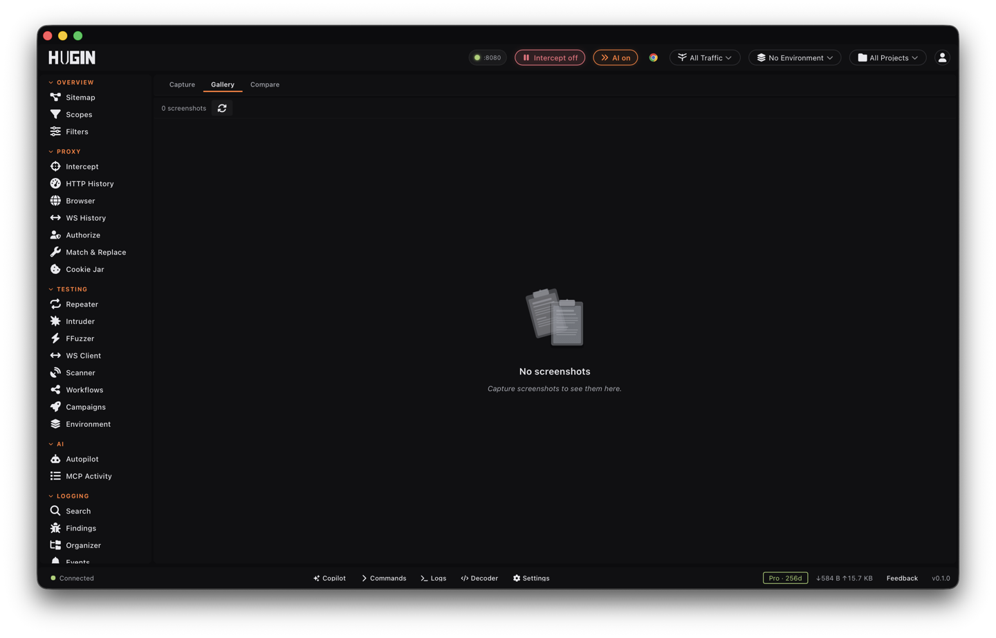 The Screenshots view gallery with captured evidence