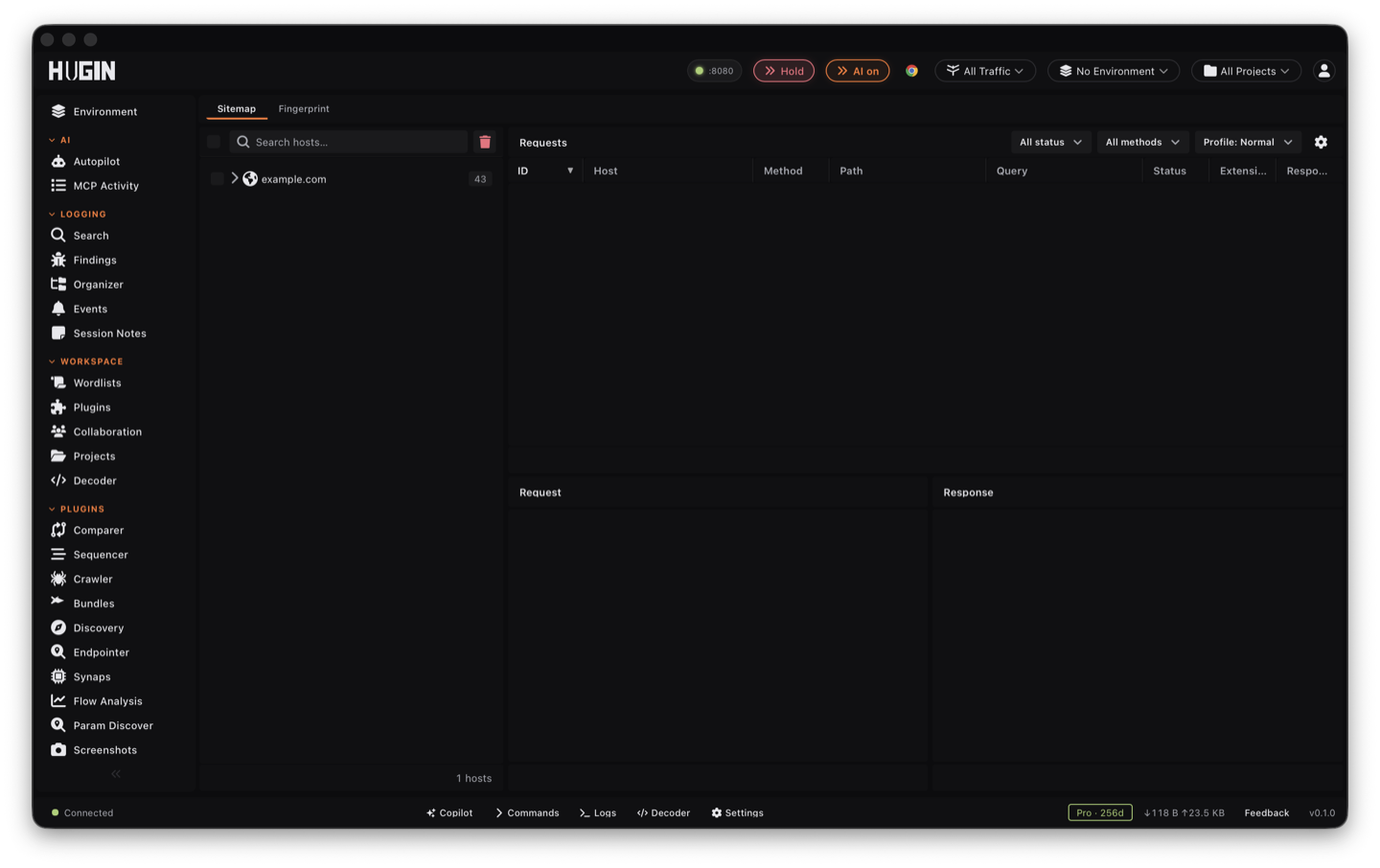 The Sitemap view: host tree, request table, and request/response detail