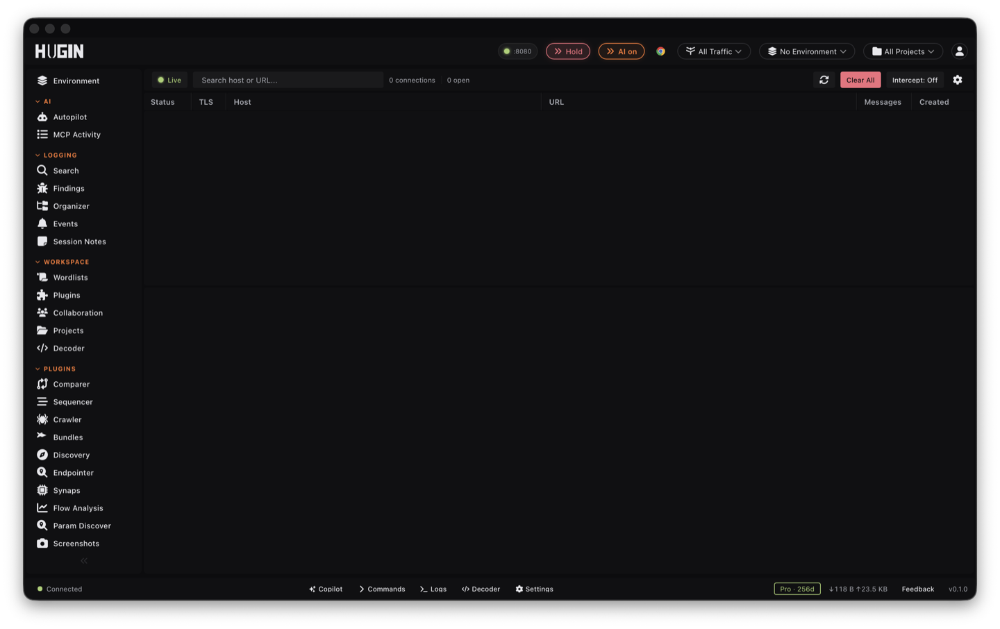 The WS History view listing connections and their frames