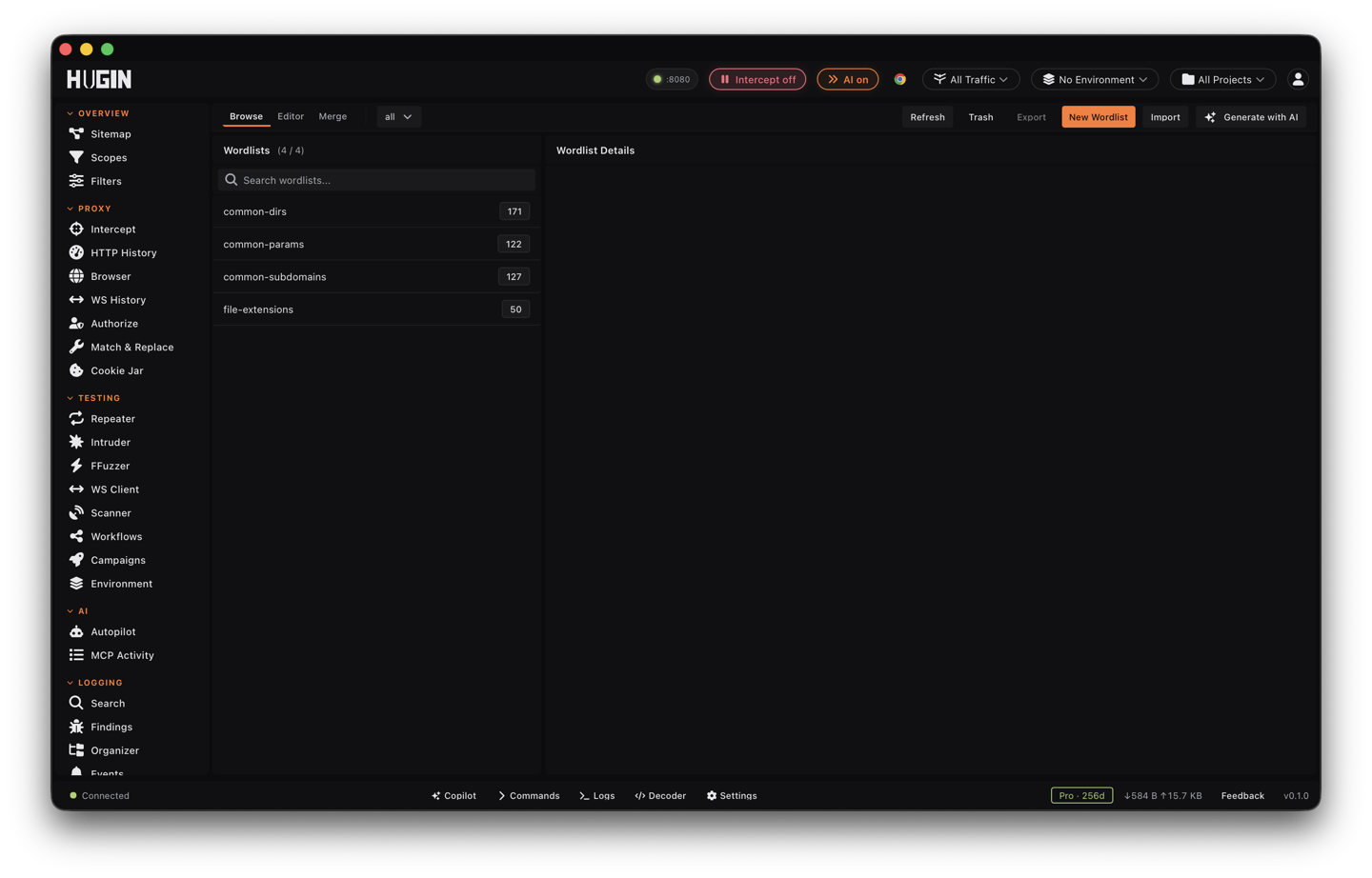 The Wordlists view with Browse, Editor, and Merge tabs