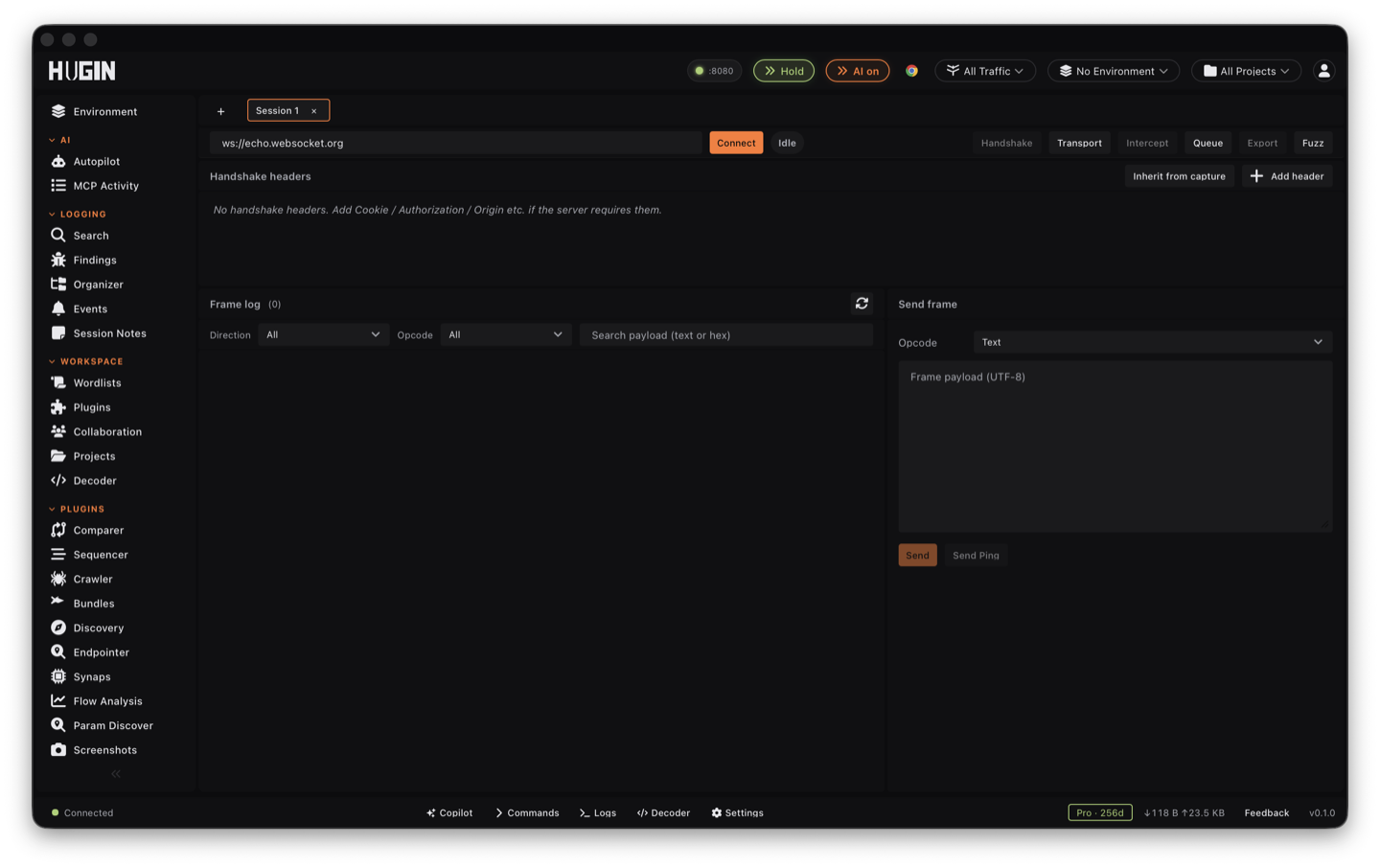 The WS Client with a live connection, its frame log, and the send panel